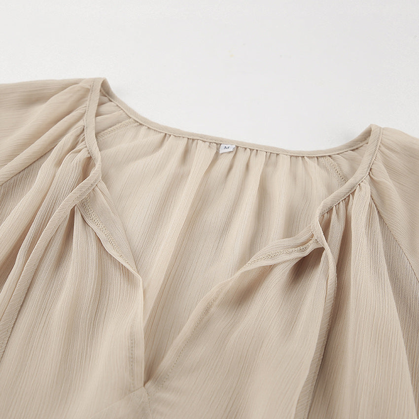 Women's Chiffon Ruffle Maxi Dress Long Sleeve V Neck Loose Fit Dress