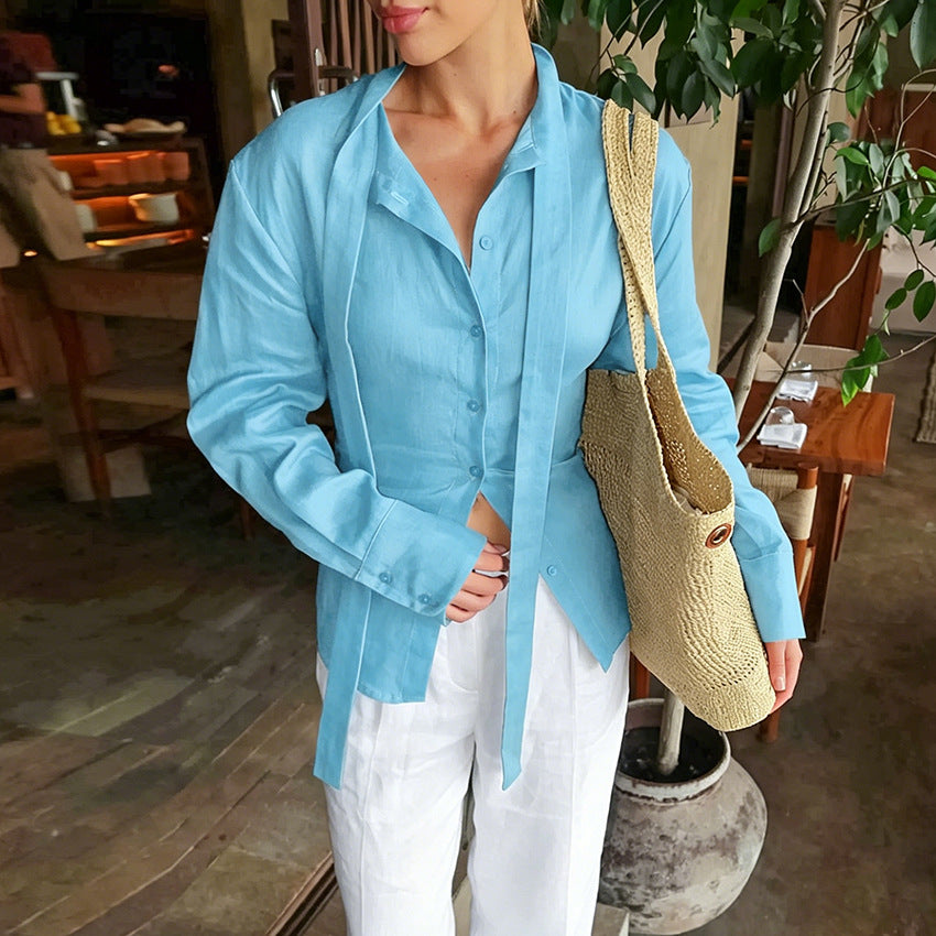 Women's Stand Collar Tie Neck Long Sleeve Blouse Button Front Loose Fit Shirt