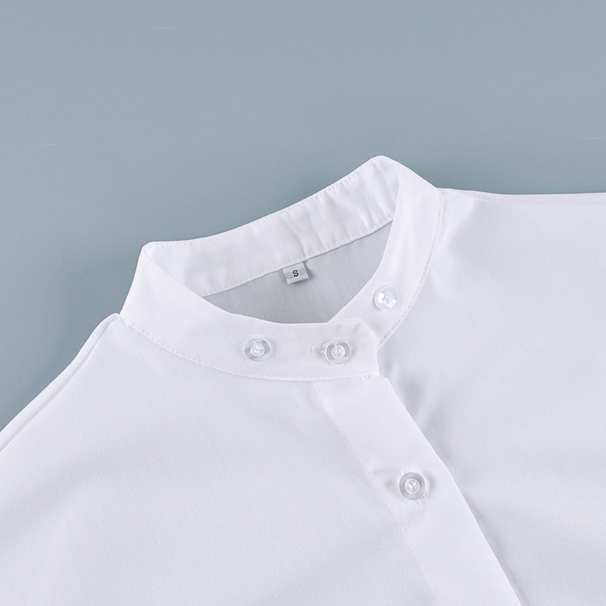 Women's Stand Collar Tie Neck Longline Blouse Half Sleeve Button Front Shirt