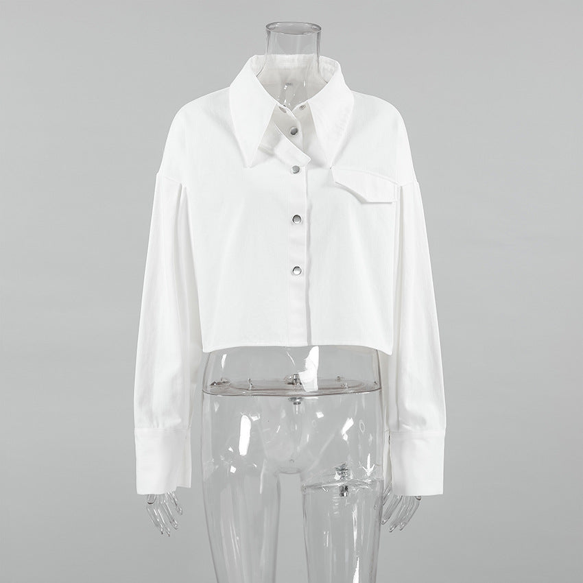 Women's Cropped Long Sleeve Shirt Turn-Down Collar Snap Button Blouse