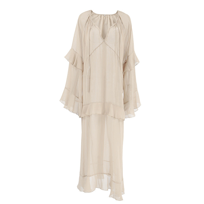 Women's Chiffon Ruffle Maxi Dress Long Sleeve V Neck Loose Fit Dress