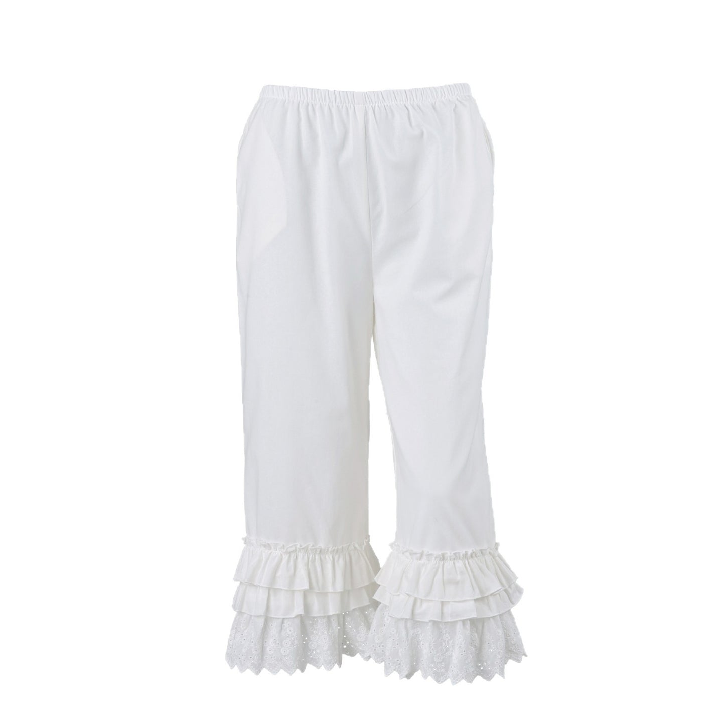 Women's Ruffle Hem Lace Trim Ankle Pants Elastic Waist Straight Leg Trousers