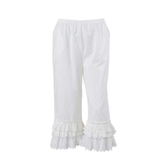 Women's Ruffle Hem Lace Trim Ankle Pants Elastic Waist Straight Leg Trousers