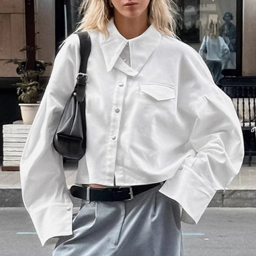 Women's Cropped Long Sleeve Shirt Turn-Down Collar Snap Button Blouse