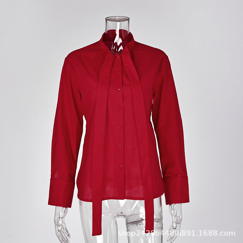 Women's Stand Collar Tie Neck Long Sleeve Blouse Button Front Loose Fit Shirt