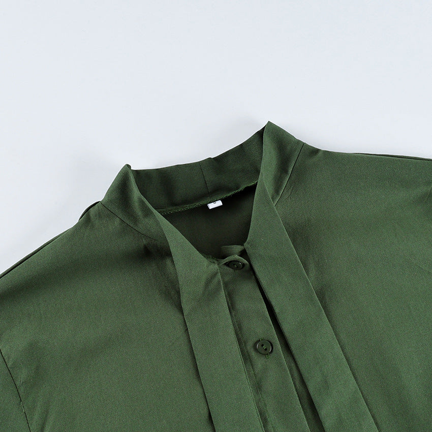 Women's Stand Collar Tie Neck Long Sleeve Blouse Button Front Loose Fit Shirt