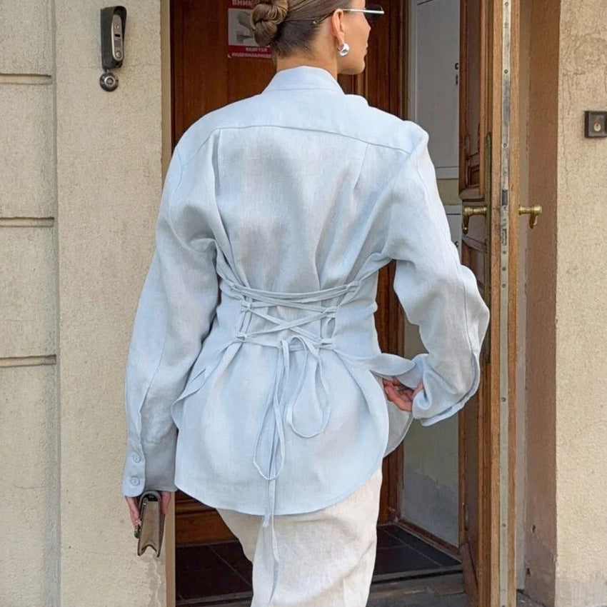 Women's Stand Collar Tie Neck Long Sleeve Blouse Button Front Loose Fit Shirt