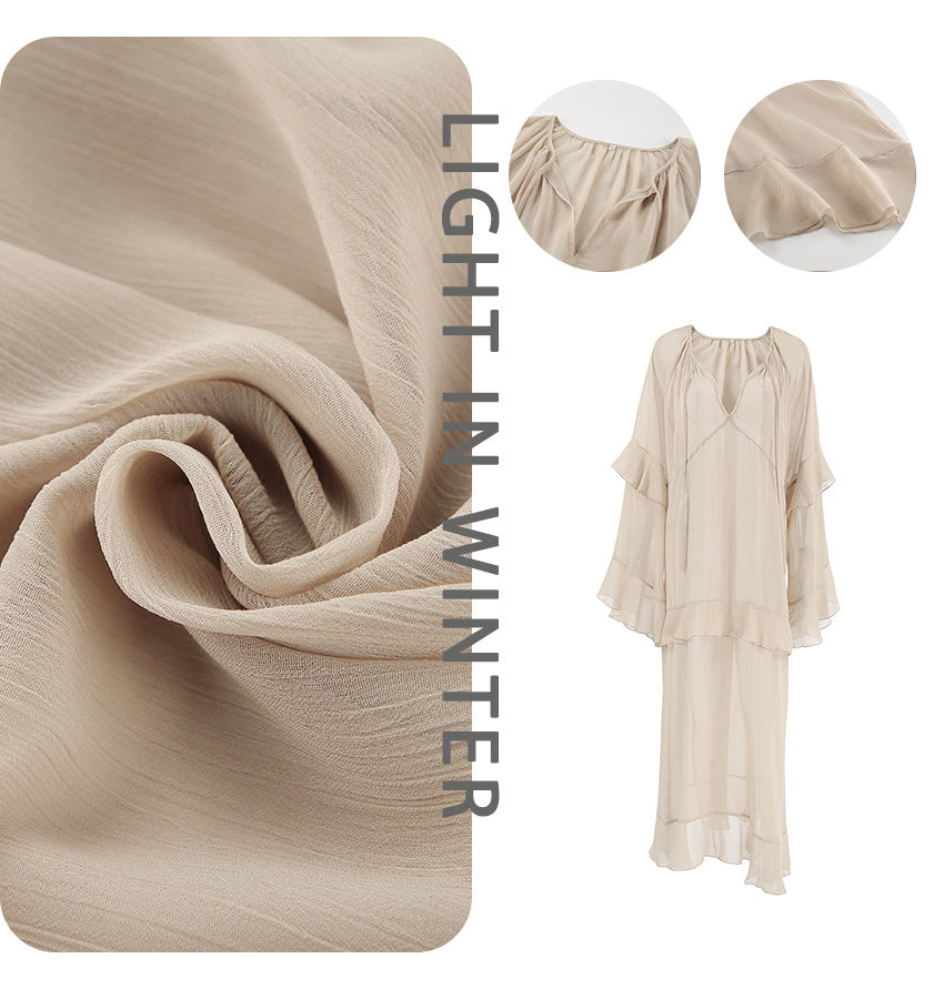 Women's Chiffon Ruffle Maxi Dress Long Sleeve V Neck Loose Fit Dress