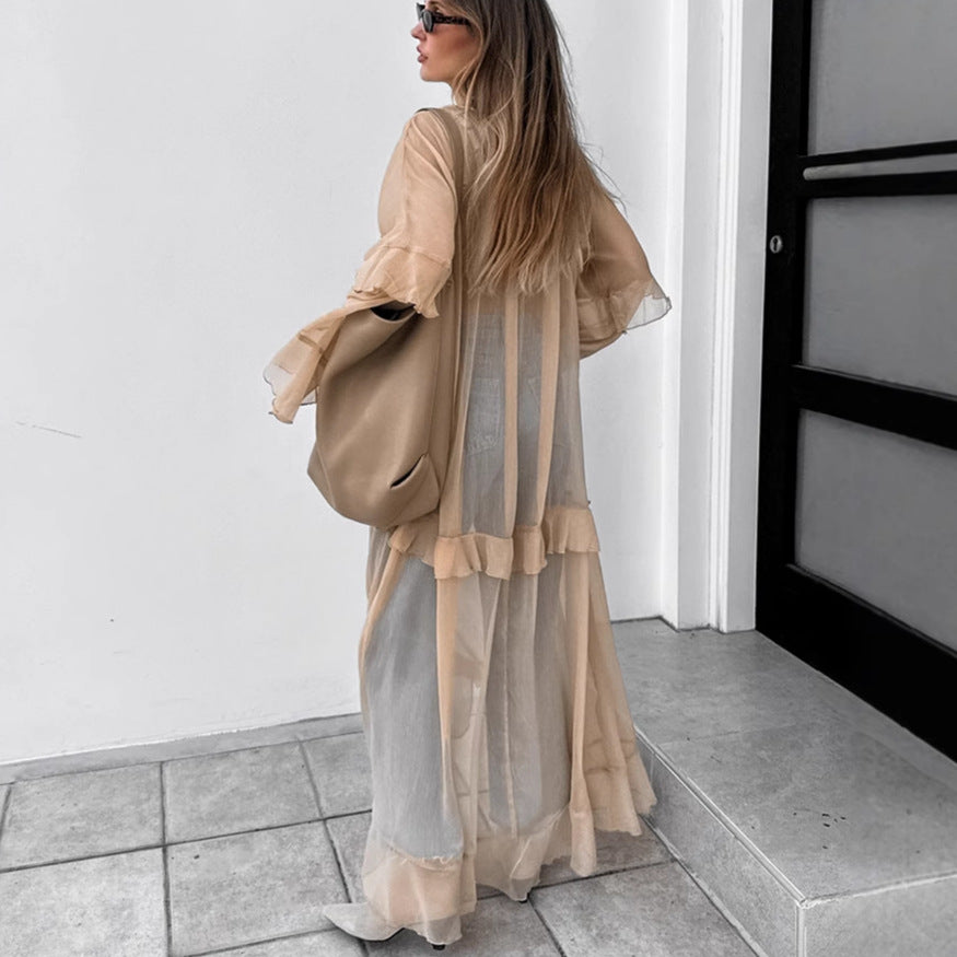 Women's Chiffon Ruffle Maxi Dress Long Sleeve V Neck Loose Fit Dress
