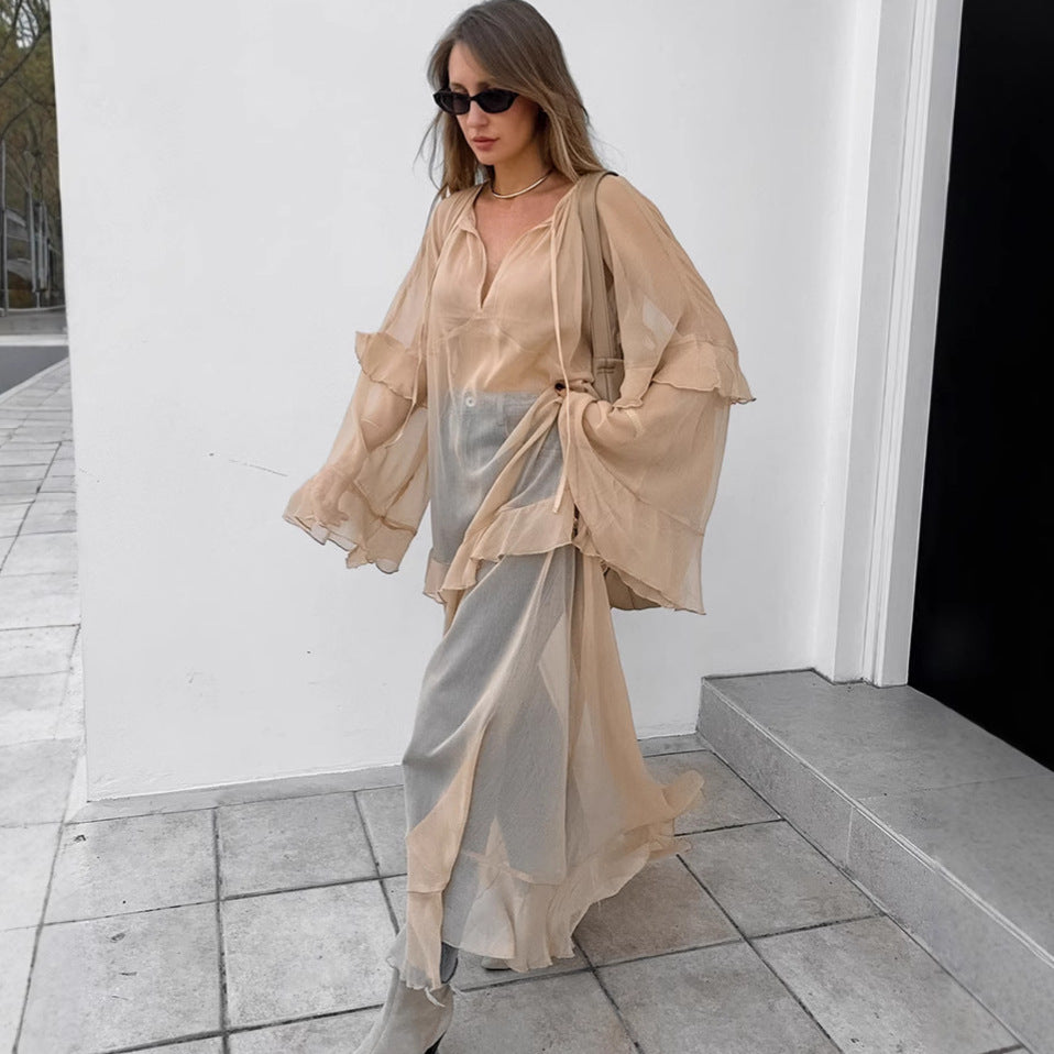Women's Chiffon Ruffle Maxi Dress Long Sleeve V Neck Loose Fit Dress