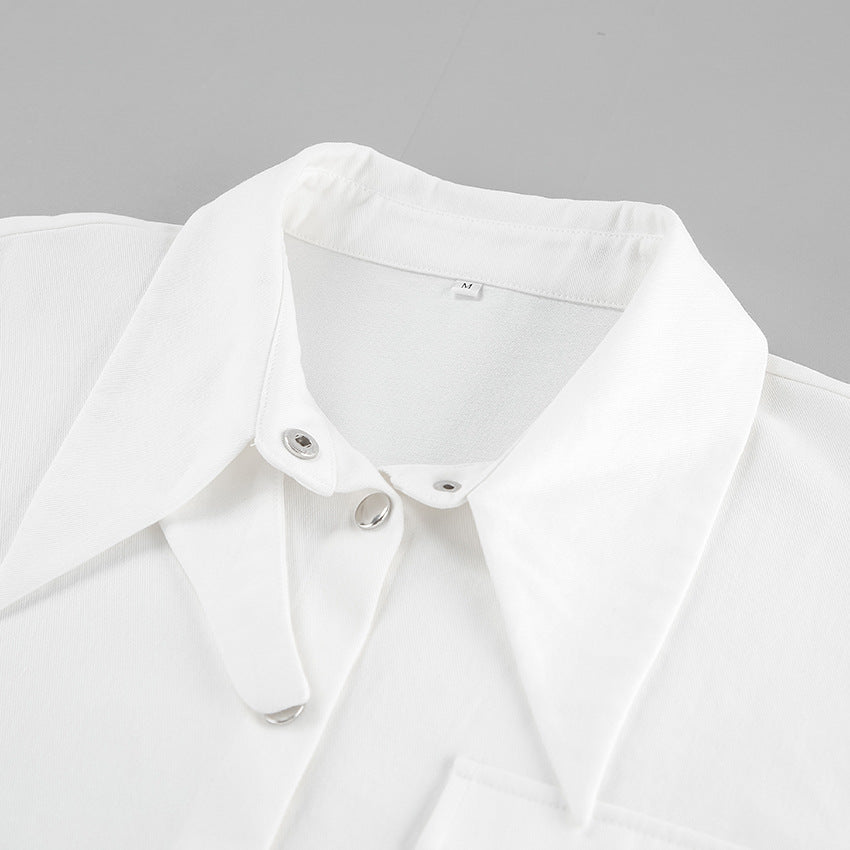 Women's Cropped Long Sleeve Shirt Turn-Down Collar Snap Button Blouse