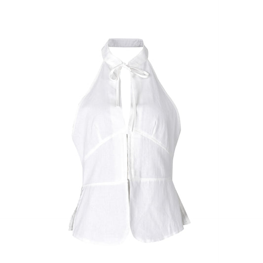 Women's Halter Neck Tie Back Sleeveless Top Fitted Waist Blouse