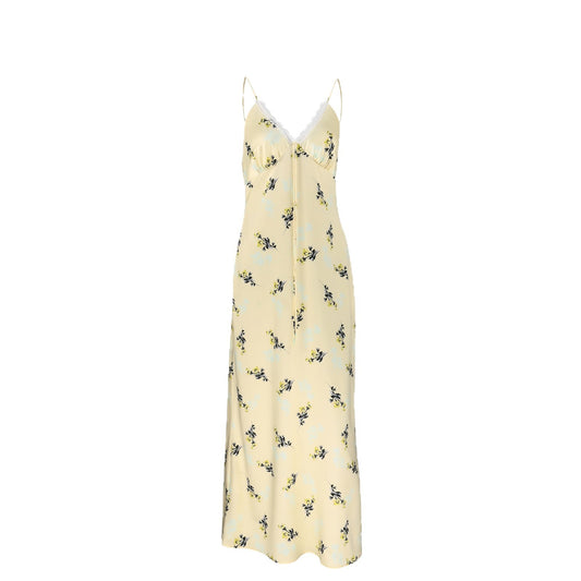 Women's Lace Trim V-Neck Spaghetti Strap Floral Satin Maxi Dress