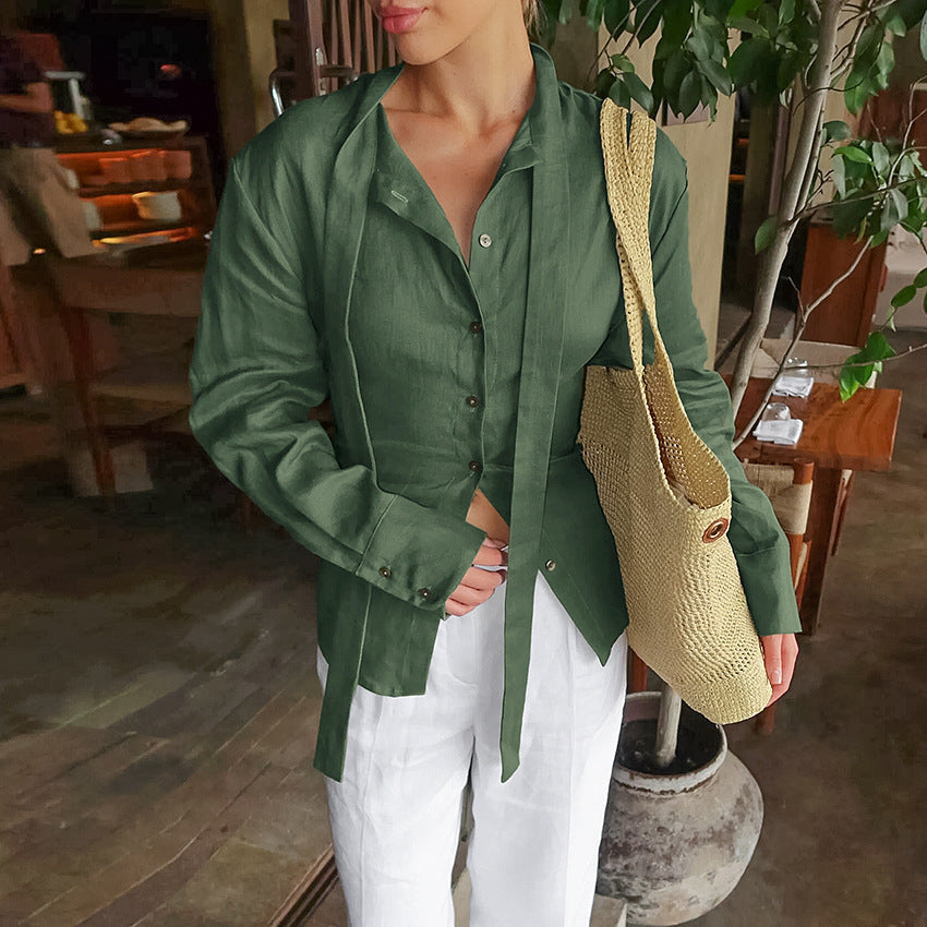 Women's Stand Collar Tie Neck Long Sleeve Blouse Button Front Loose Fit Shirt
