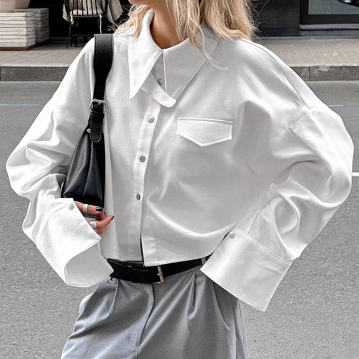 Women's Cropped Long Sleeve Shirt Turn-Down Collar Snap Button Blouse