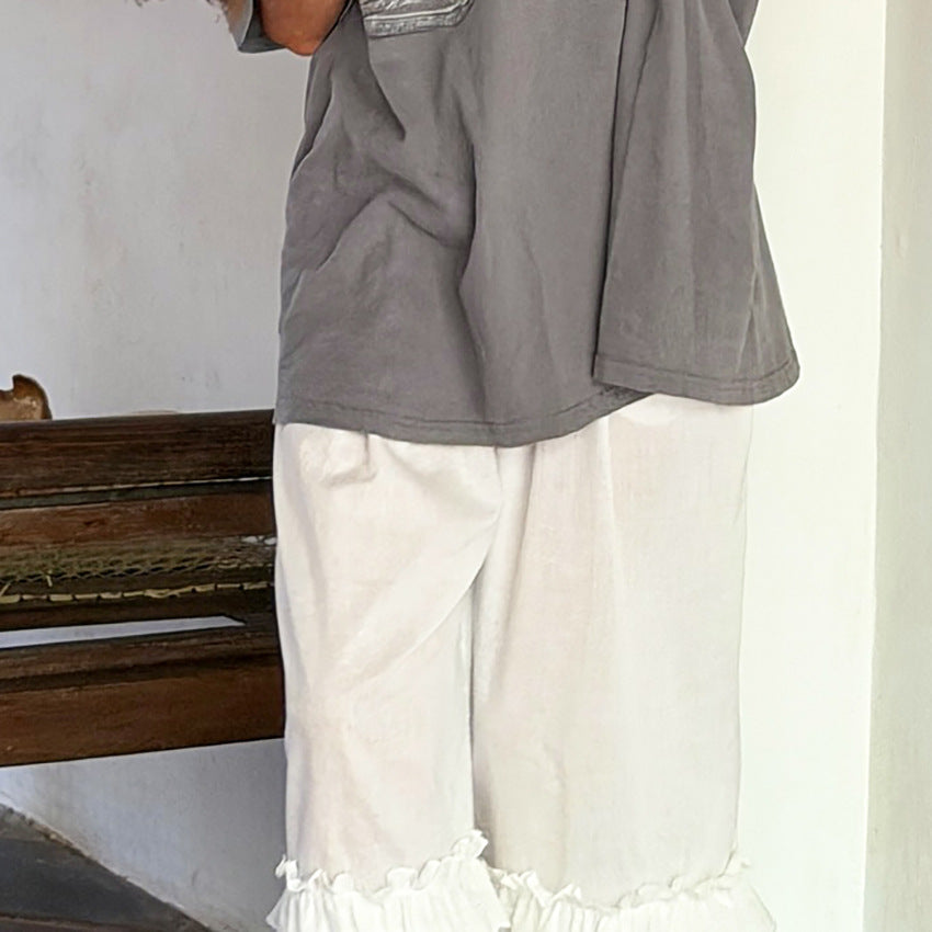 Women's Ruffle Hem Lace Trim Ankle Pants Elastic Waist Straight Leg Trousers