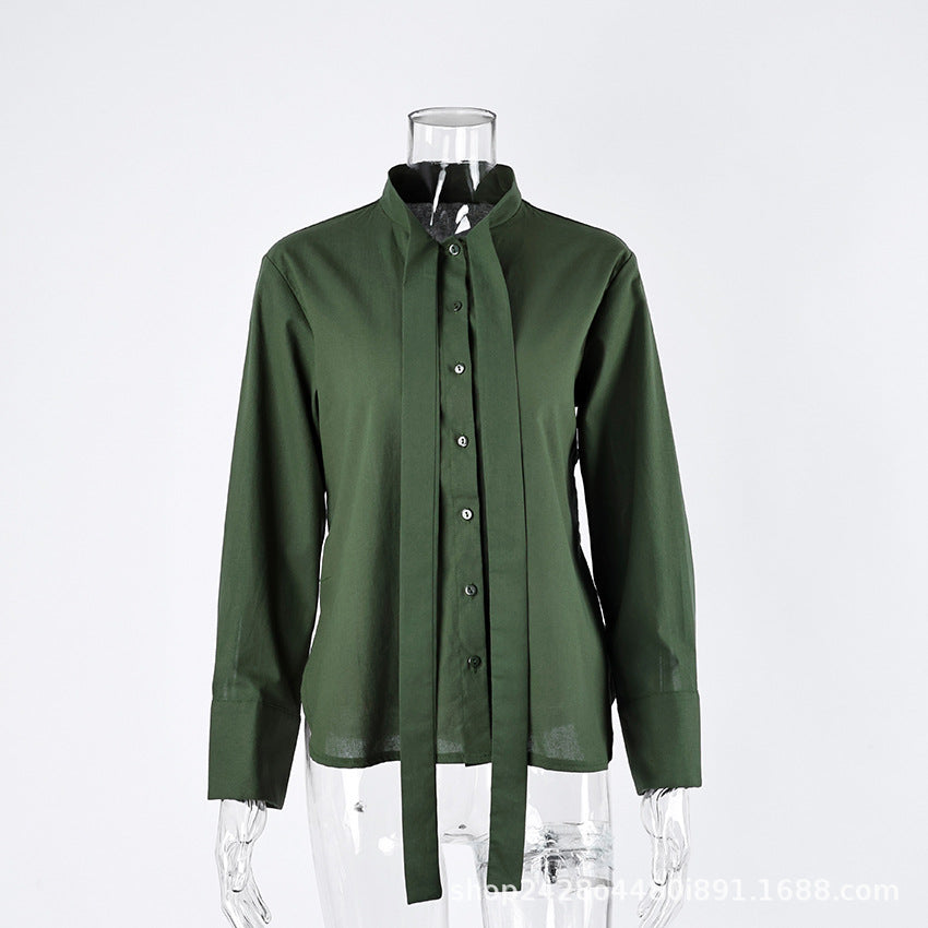 Women's Stand Collar Tie Neck Long Sleeve Blouse Button Front Loose Fit Shirt