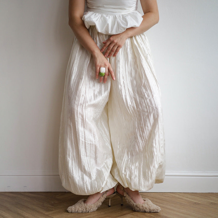 Women's Pleated Wide Leg Pants High Waist Elastic Waist Full Length Trousers