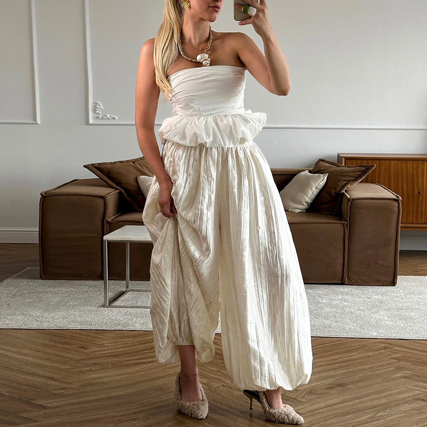 Women's Pleated Wide Leg Pants High Waist Elastic Waist Full Length Trousers