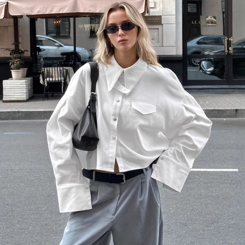 Women's Cropped Long Sleeve Shirt Turn-Down Collar Snap Button Blouse