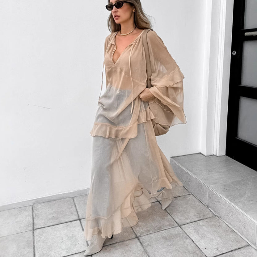 Women's Chiffon Ruffle Maxi Dress Long Sleeve V Neck Loose Fit Dress