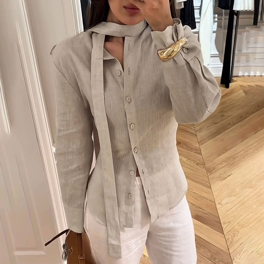 Women's Stand Collar Tie Neck Long Sleeve Blouse Button Front Loose Fit Shirt