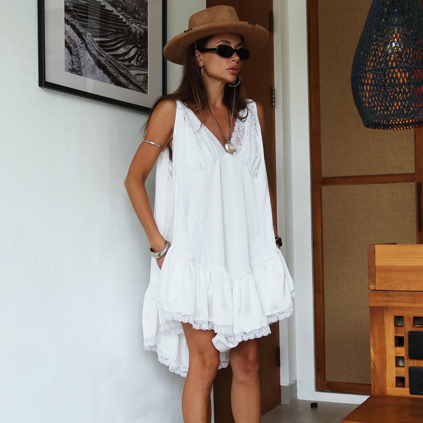 Women's Lace Panel V-Neck Sleeveless Ruffle Hem Mini Dress
