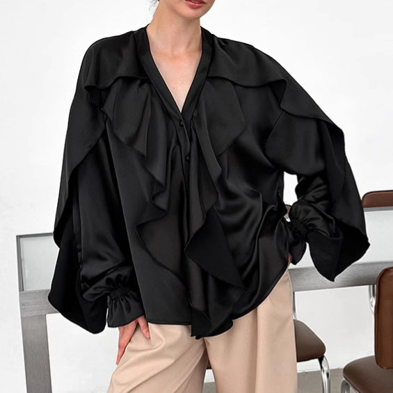 Women's Ruffle V Neck Long Sleeve Chiffon Blouse Button Front Loose Fit Top