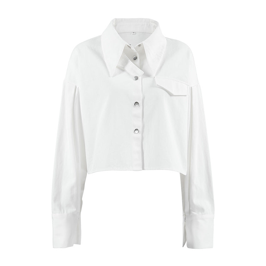 Women's Cropped Long Sleeve Shirt Turn-Down Collar Snap Button Blouse