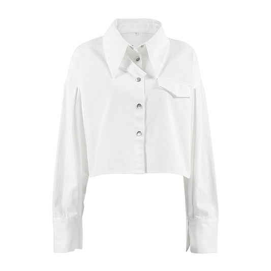 Women's Cropped Long Sleeve Shirt Turn-Down Collar Snap Button Blouse