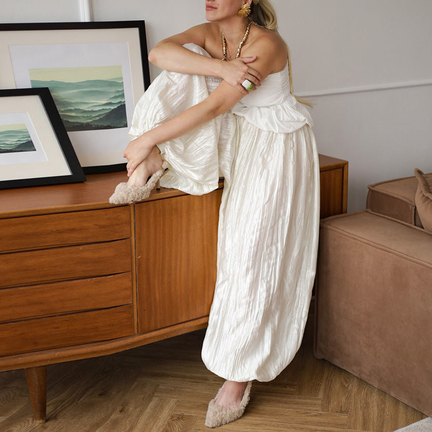 Women's Pleated Wide Leg Pants High Waist Elastic Waist Full Length Trousers