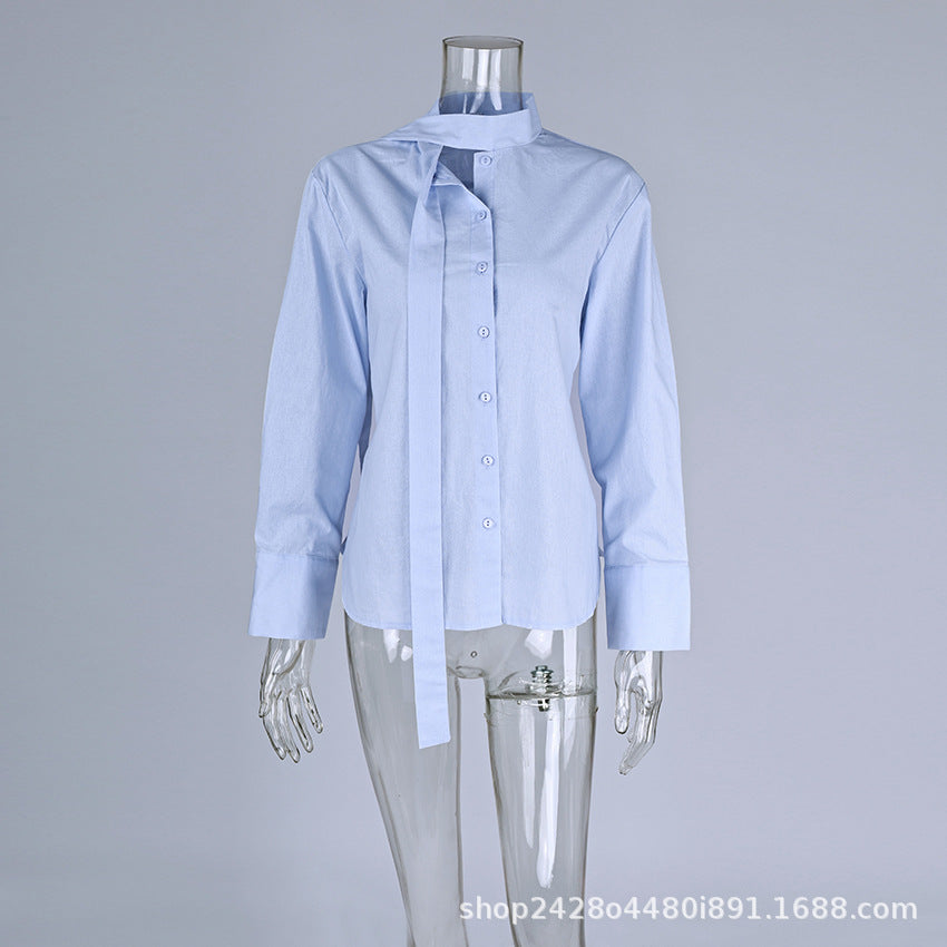 Women's Stand Collar Tie Neck Long Sleeve Blouse Button Front Loose Fit Shirt