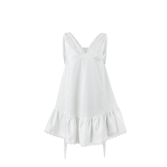 Women's Lace Panel V-Neck Sleeveless Ruffle Hem Mini Dress