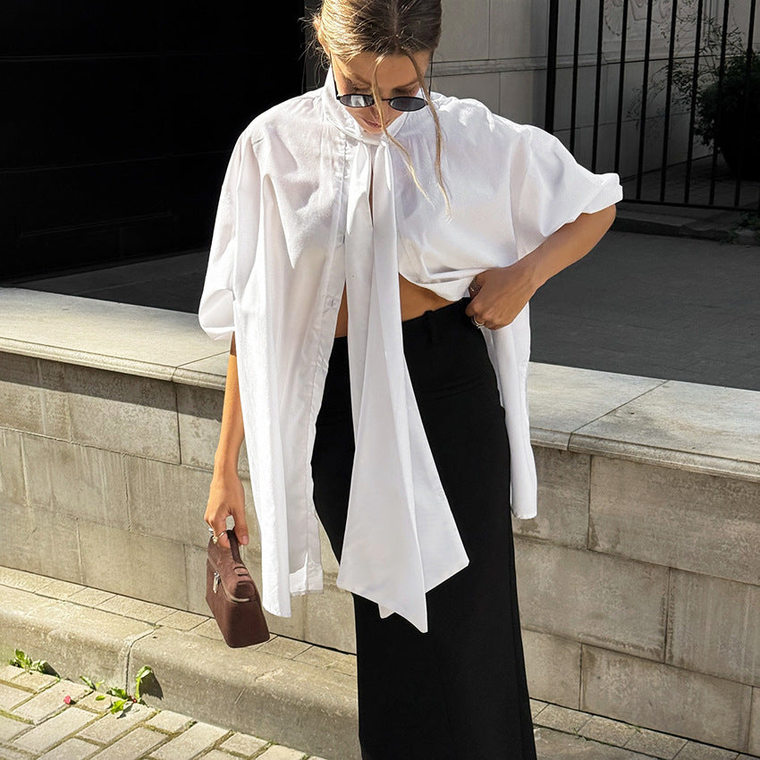 Women's Stand Collar Tie Neck Longline Blouse Half Sleeve Button Front Shirt