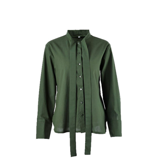 Women's Stand Collar Tie Neck Long Sleeve Blouse Button Front Loose Fit Shirt