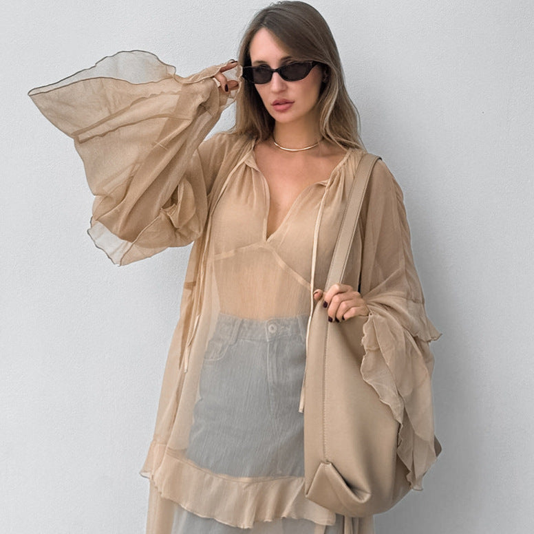 Women's Chiffon Ruffle Maxi Dress Long Sleeve V Neck Loose Fit Dress