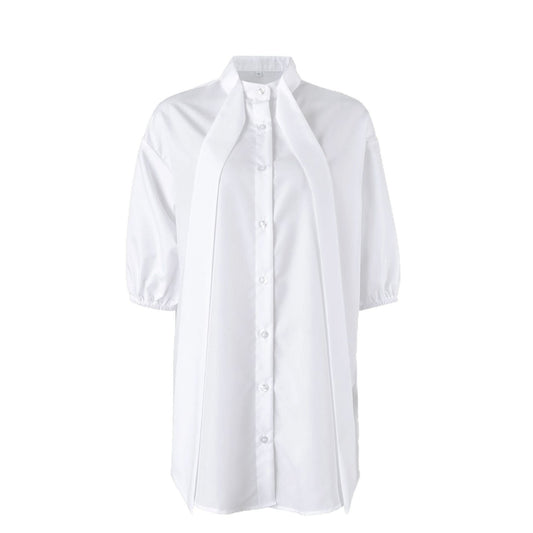 Women's Stand Collar Tie Neck Longline Blouse Half Sleeve Button Front Shirt
