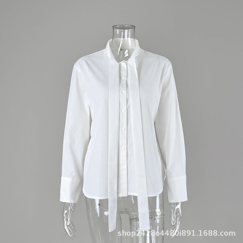 Women's Stand Collar Tie Neck Long Sleeve Blouse Button Front Loose Fit Shirt