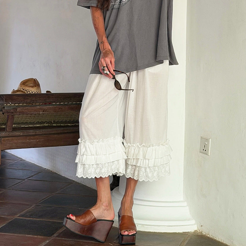 Women's Ruffle Hem Lace Trim Ankle Pants Elastic Waist Straight Leg Trousers