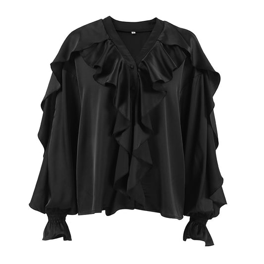 Women's Ruffle V Neck Long Sleeve Chiffon Blouse Button Front Loose Fit Top