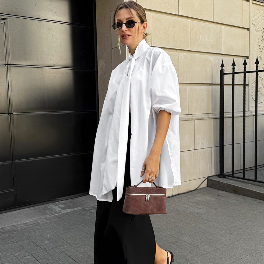 Women's Stand Collar Tie Neck Longline Blouse Half Sleeve Button Front Shirt
