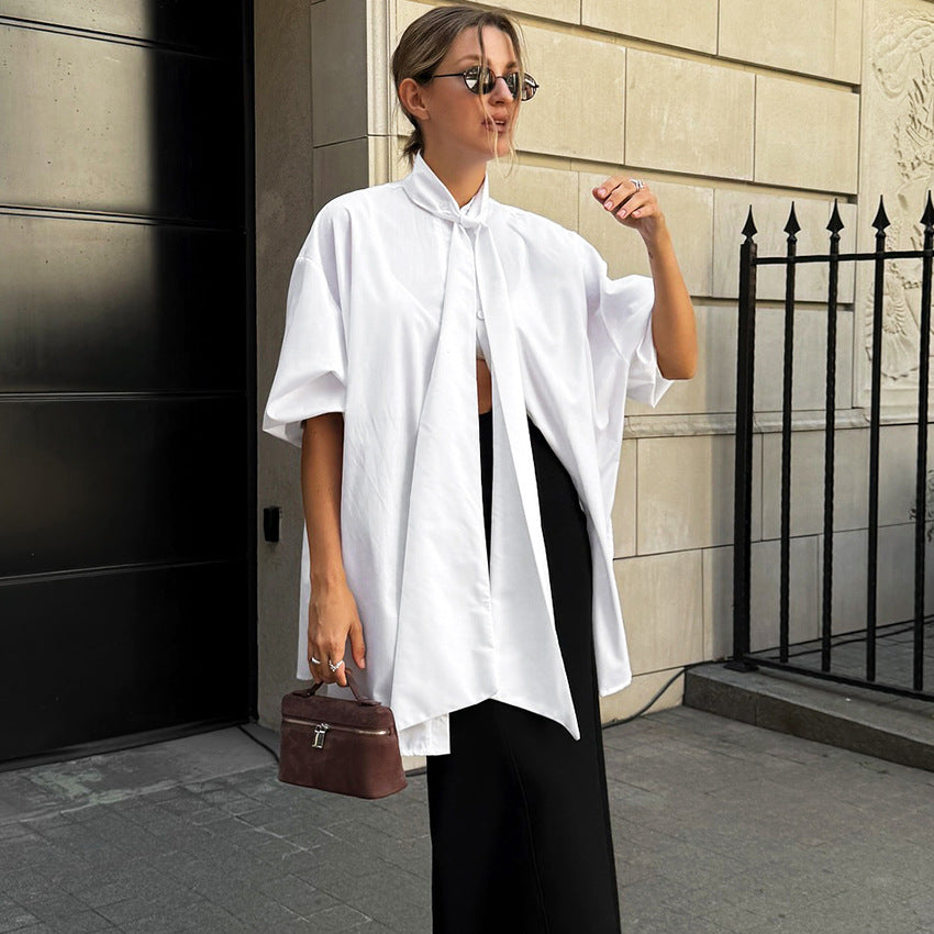 Women's Stand Collar Tie Neck Longline Blouse Half Sleeve Button Front Shirt