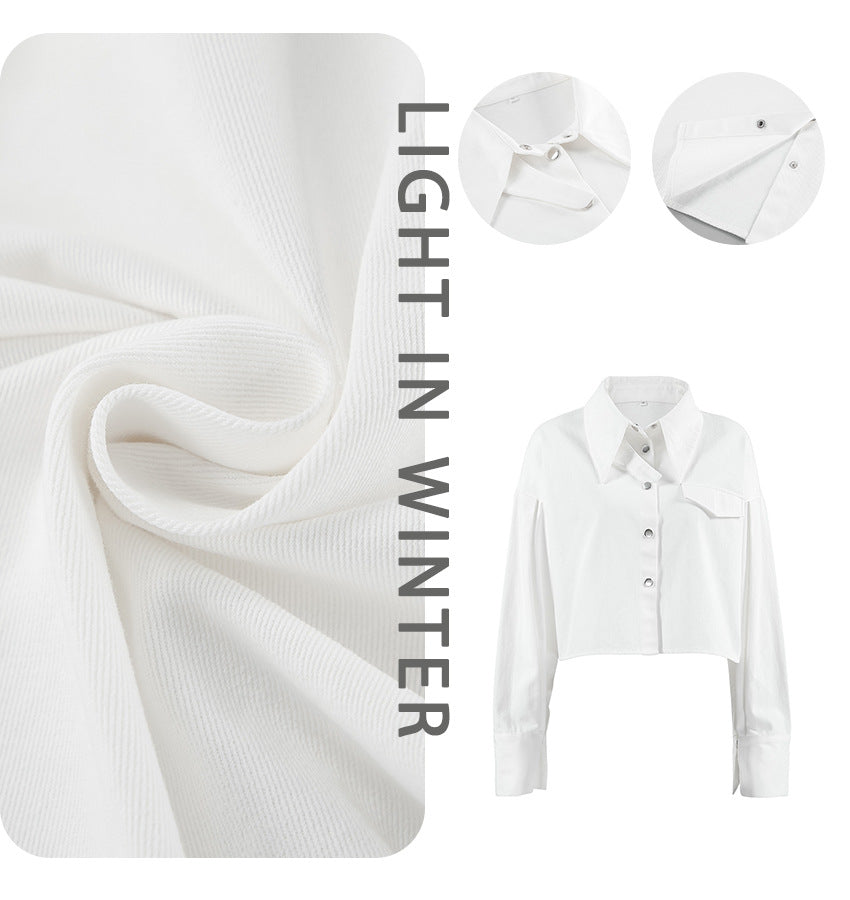 Women's Cropped Long Sleeve Shirt Turn-Down Collar Snap Button Blouse