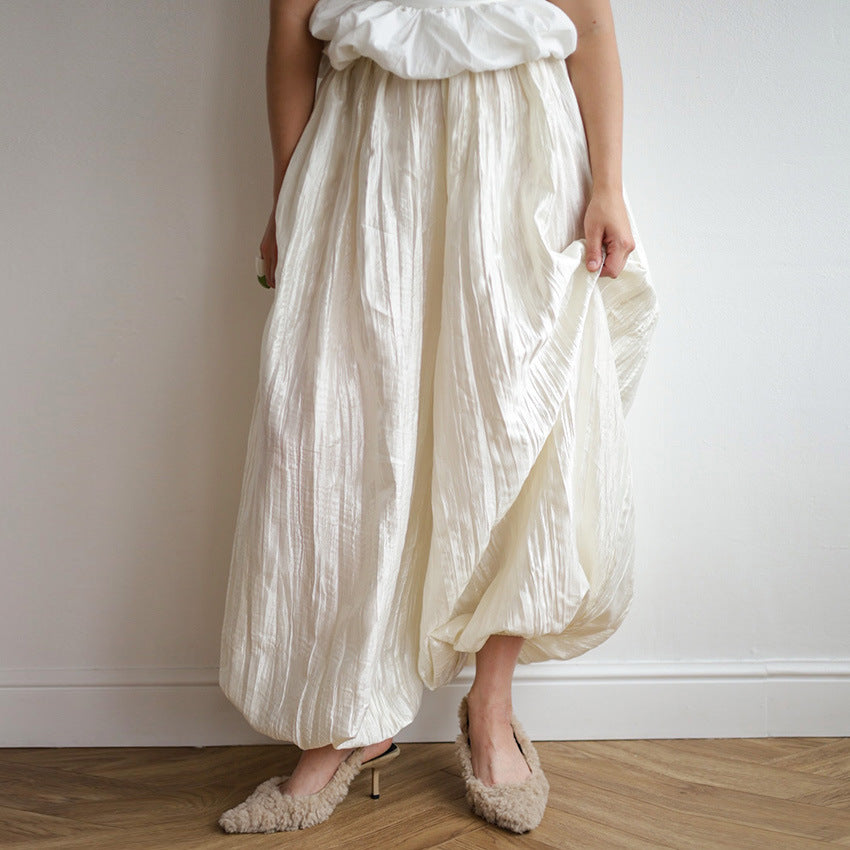 Women's Pleated Wide Leg Pants High Waist Elastic Waist Full Length Trousers