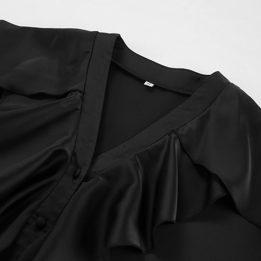 Women's Ruffle V Neck Long Sleeve Chiffon Blouse Button Front Loose Fit Top