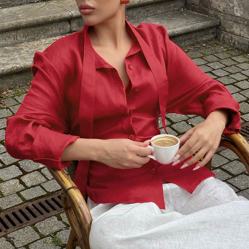 Women's Stand Collar Tie Neck Long Sleeve Blouse Button Front Loose Fit Shirt