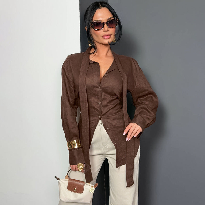 Women's Stand Collar Tie Neck Long Sleeve Blouse Button Front Loose Fit Shirt