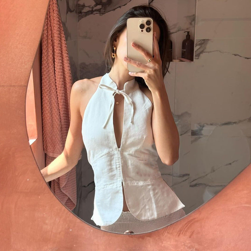 Women's Halter Neck Tie Back Sleeveless Top Fitted Waist Blouse