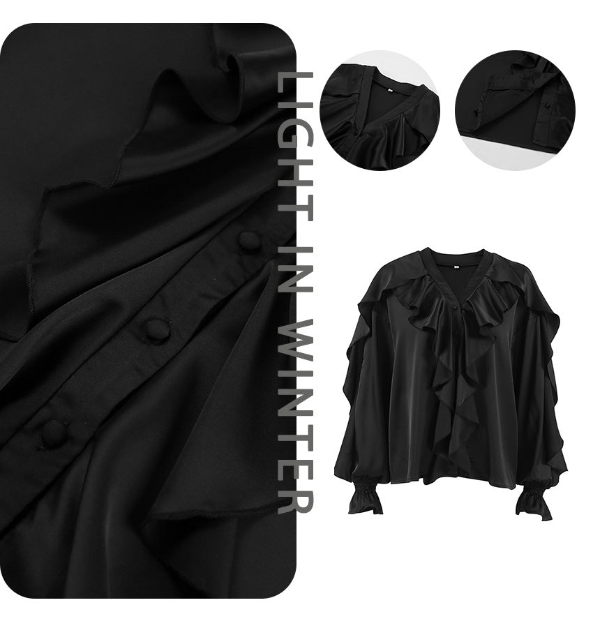 Women's Ruffle V Neck Long Sleeve Chiffon Blouse Button Front Loose Fit Top