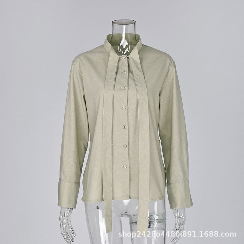Women's Stand Collar Tie Neck Long Sleeve Blouse Button Front Loose Fit Shirt